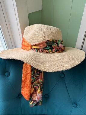 Steve Madden Wide-Brim Straw Sun Hat with Double Scarf
